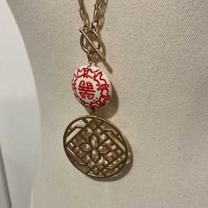NWT Southern Living ceramic bead w/red geometric pendant necklace